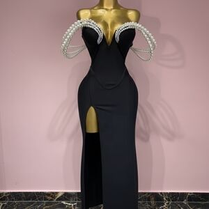 Elegant Black Off-Shoulder Dress with Pearl Detailing